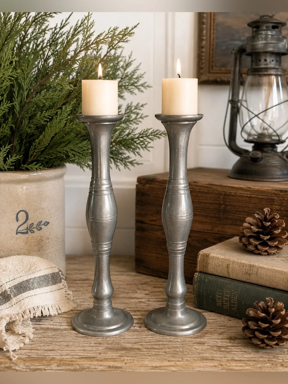 Vintage Pair Pewter Candlestick Holders 8.5” Colonial Tavern Style
